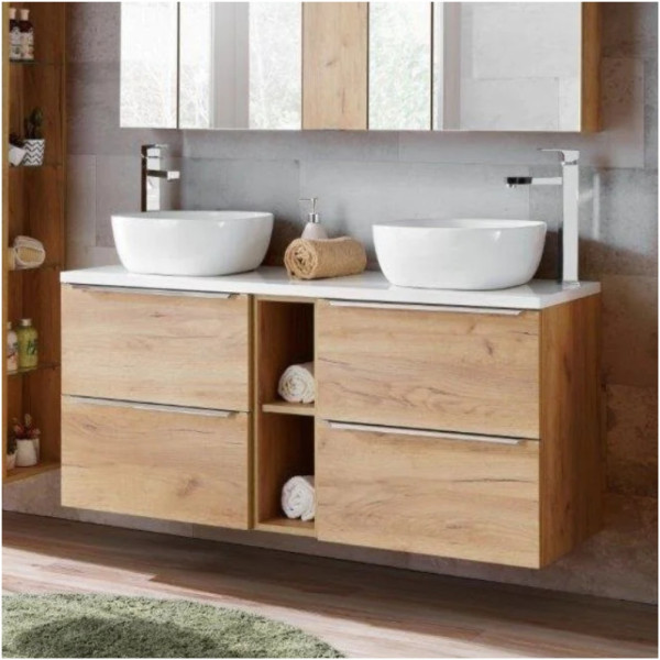 Podwójna Umywalka z Szafką 140 cm CAPRI OAK 3 Aranżacja Zbliżenie